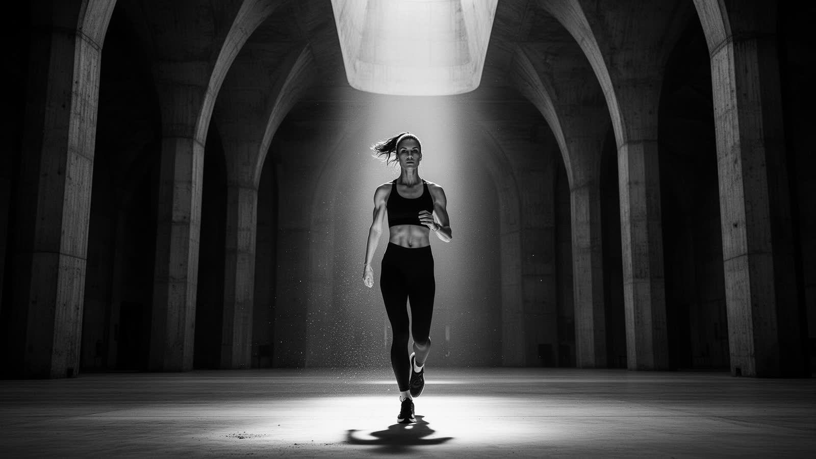 Athlete sprinting through a cavernous brutalist hall